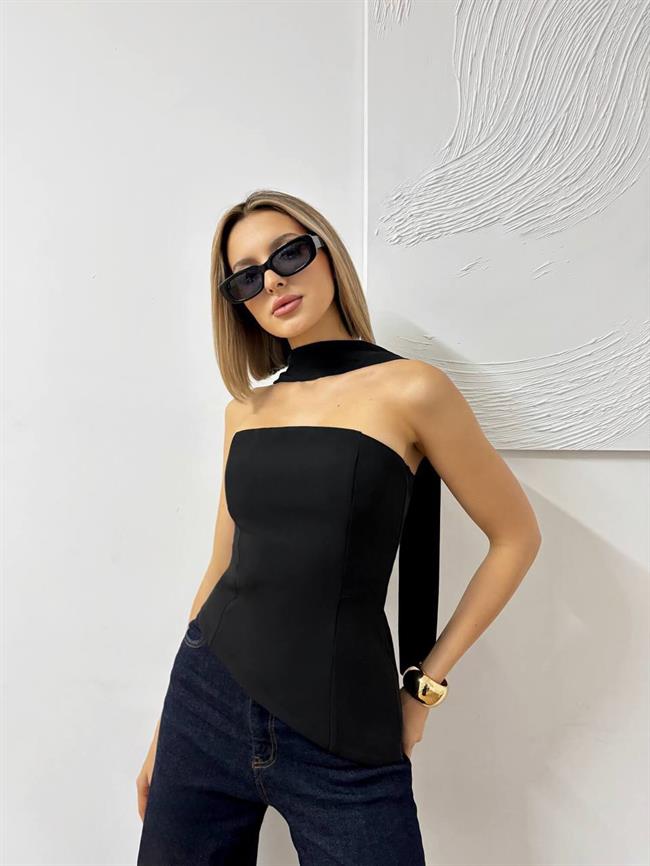 Sırtı Bağcıklı Straplez Verev Bluz 20111 Siyah