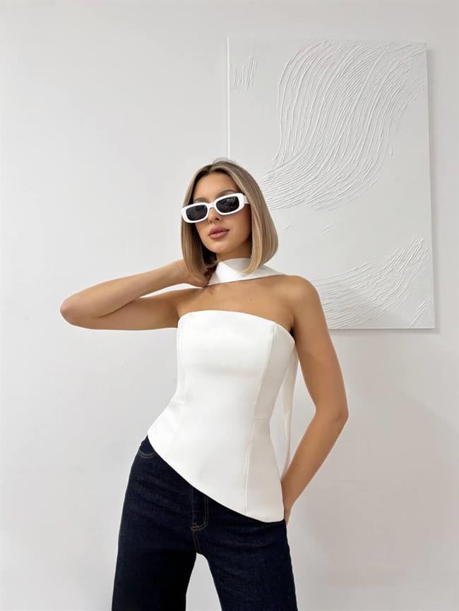 Sırtı Bağcıklı Straplez Verev Bluz 20111 Beyaz