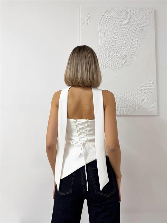 Sırtı Bağcıklı Straplez Verev Bluz 20111 Beyaz
