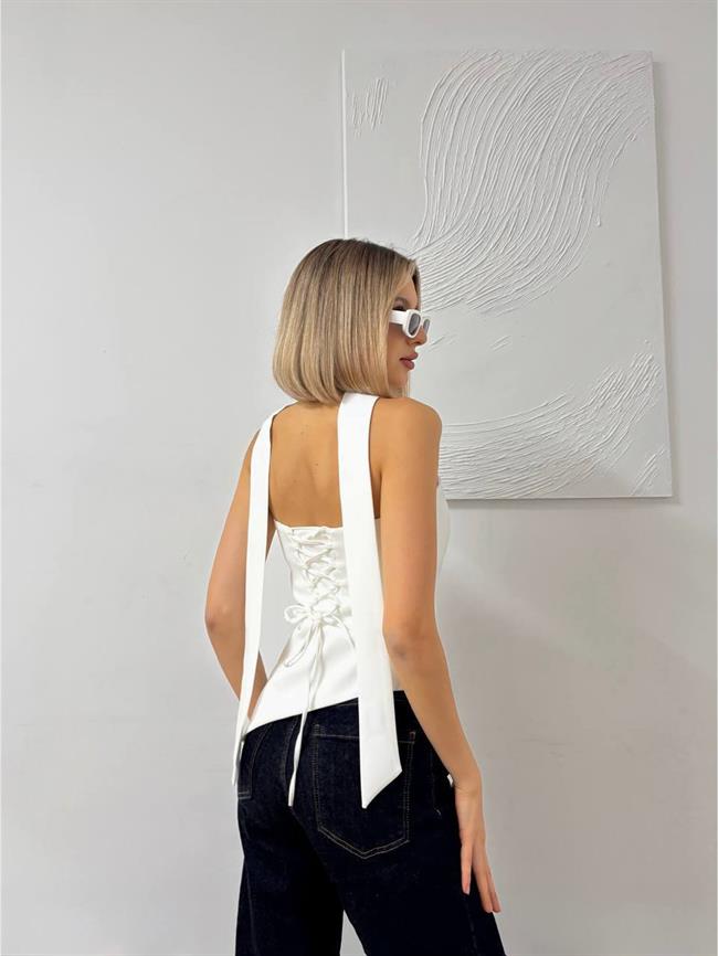 Sırtı Bağcıklı Straplez Verev Bluz 20111 Beyaz