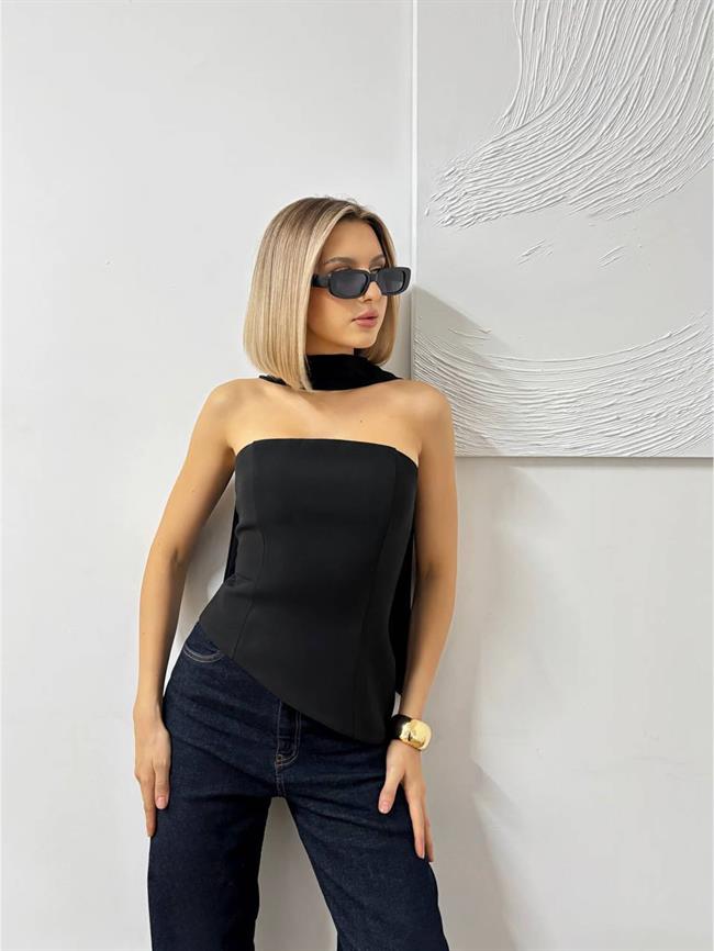 Sırtı Bağcıklı Straplez Verev Bluz 20111 Siyah
