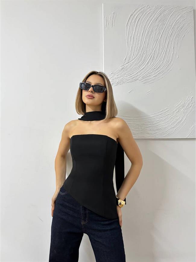 Sırtı Bağcıklı Straplez Verev Bluz 20111 Siyah