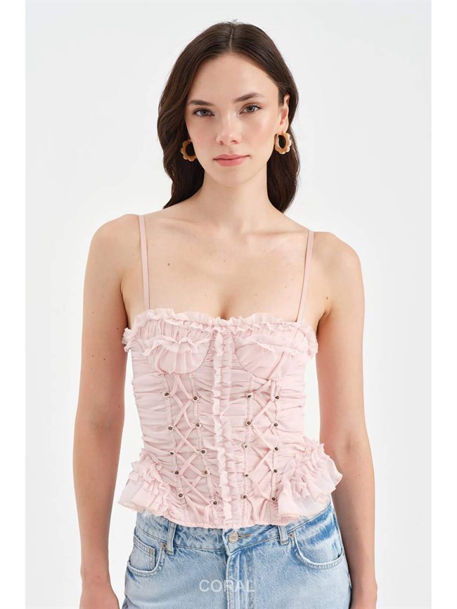 Sırtı Fermuarlı Bağcıklı Korse Bluz 335 Pembe