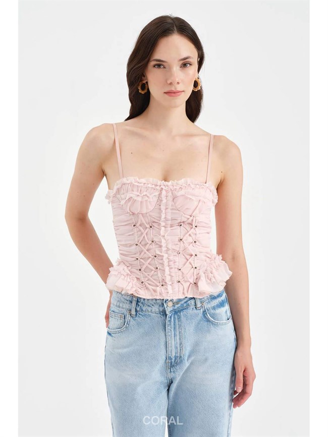 Sırtı Fermuarlı Bağcıklı Korse Bluz 335 Pembe