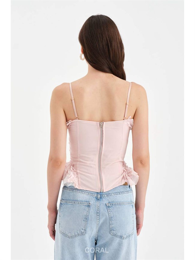 Sırtı Fermuarlı Bağcıklı Korse Bluz 335 Pembe