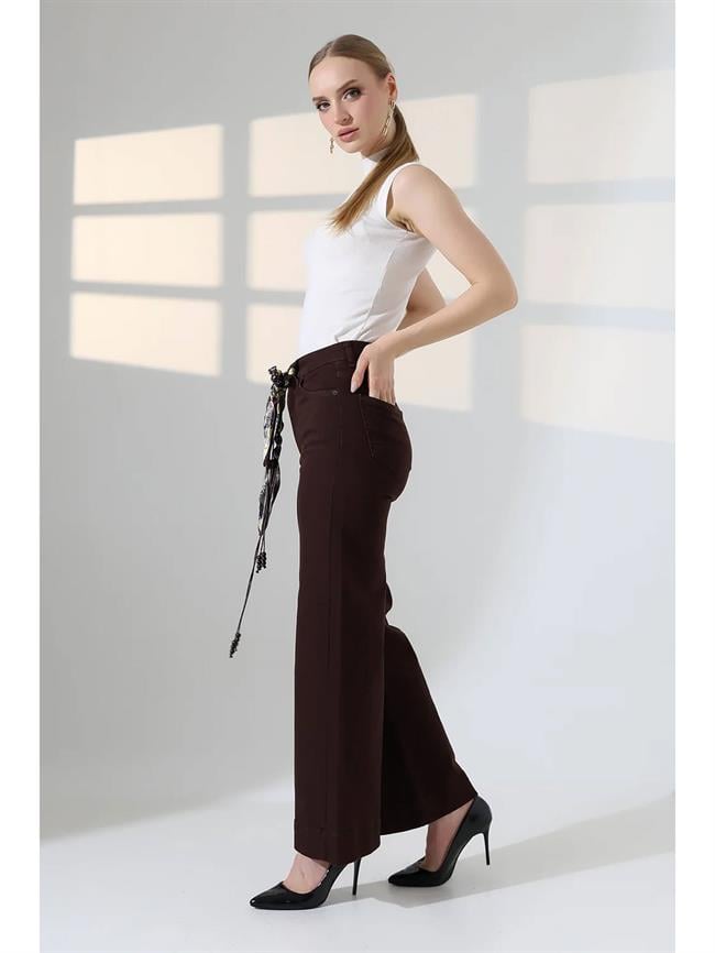 Süet Kemerli Çımalı Bol Paça Pantolon 7163 Kahve