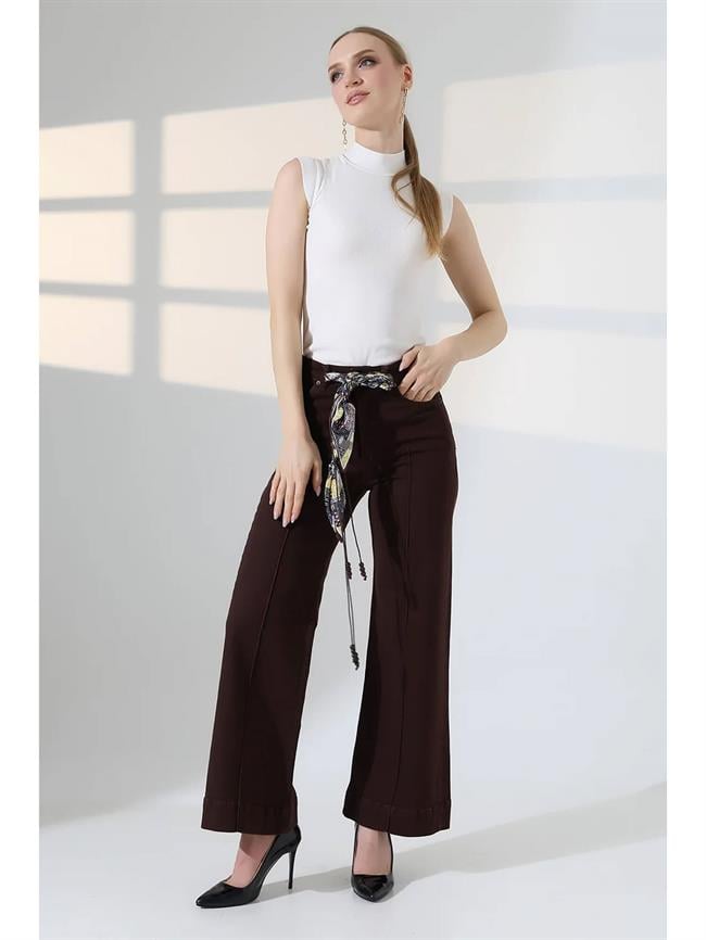 Süet Kemerli Çımalı Bol Paça Pantolon 7163 Kahve