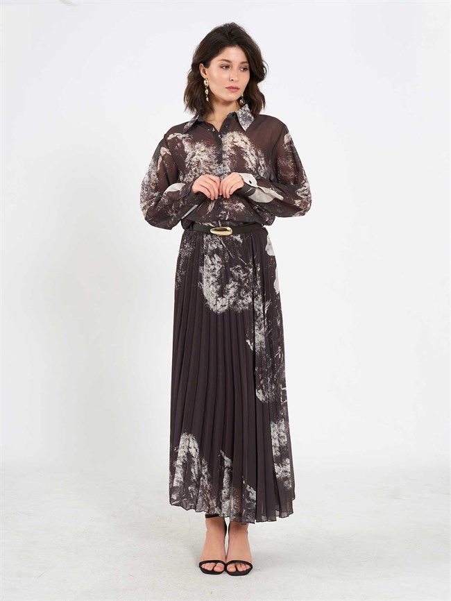 Suluboya Efektli Piliseli Etek 041189 Kahve