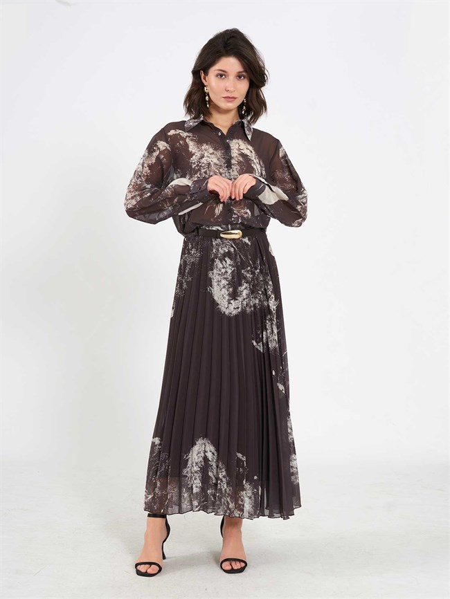 Suluboya Efektli Piliseli Etek 041189 Kahve