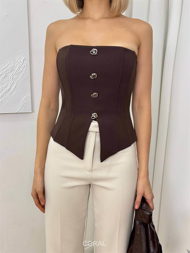 Taş Düğmeli Straplez Bluz 20138 Kahve