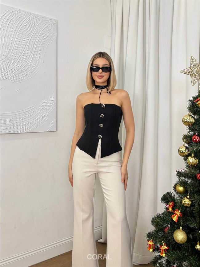 Taş Düğmeli Straplez Bluz 20138 Siyah