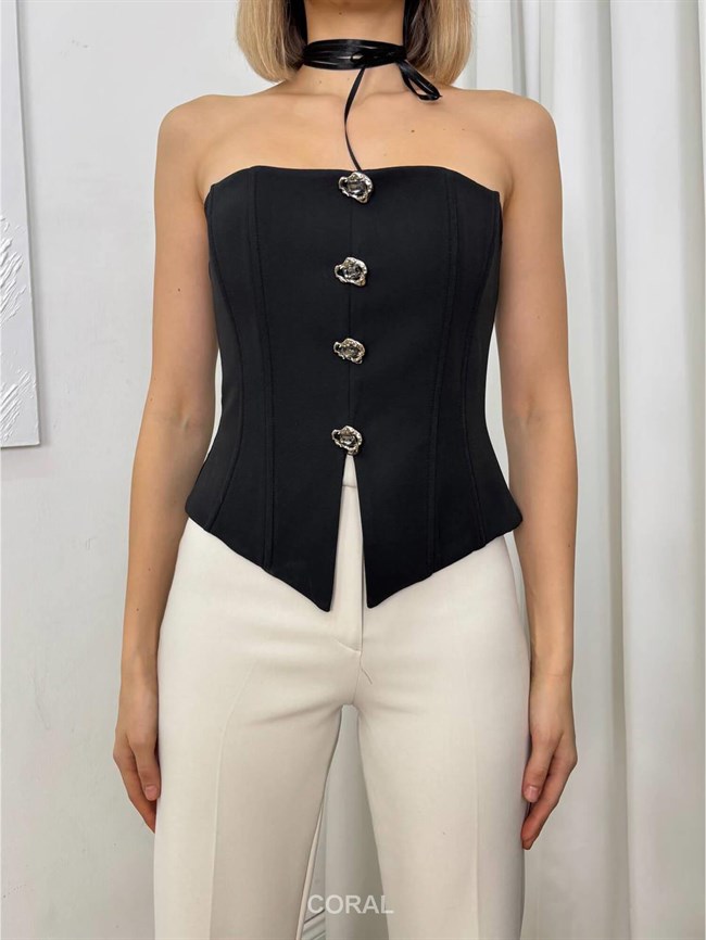 Taş Düğmeli Straplez Bluz 20138 Siyah