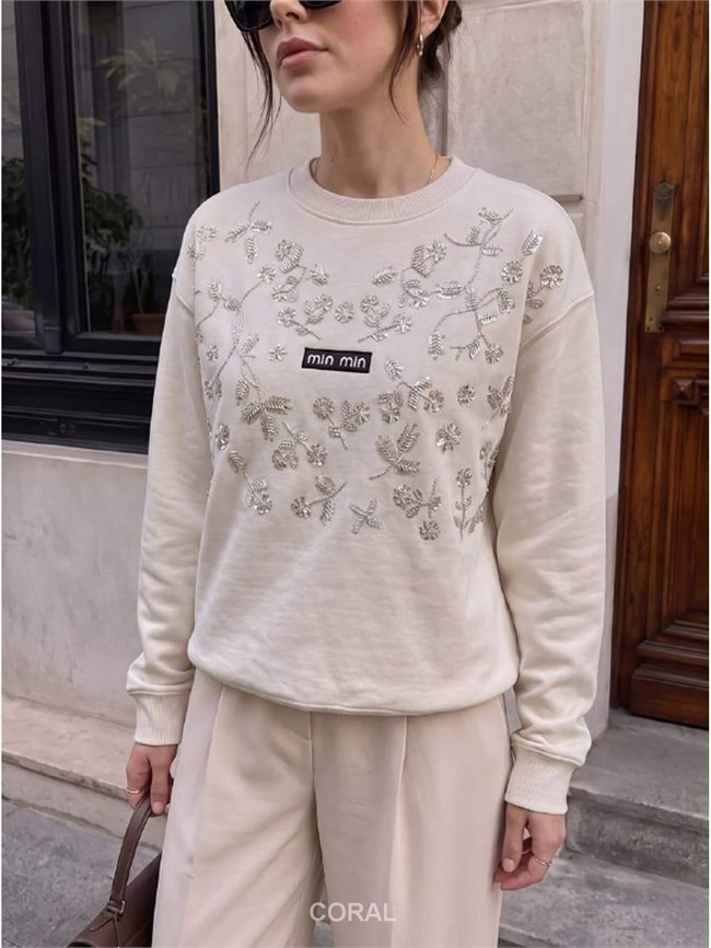 Taş İşlemeli SweatShirt 5911 Bej