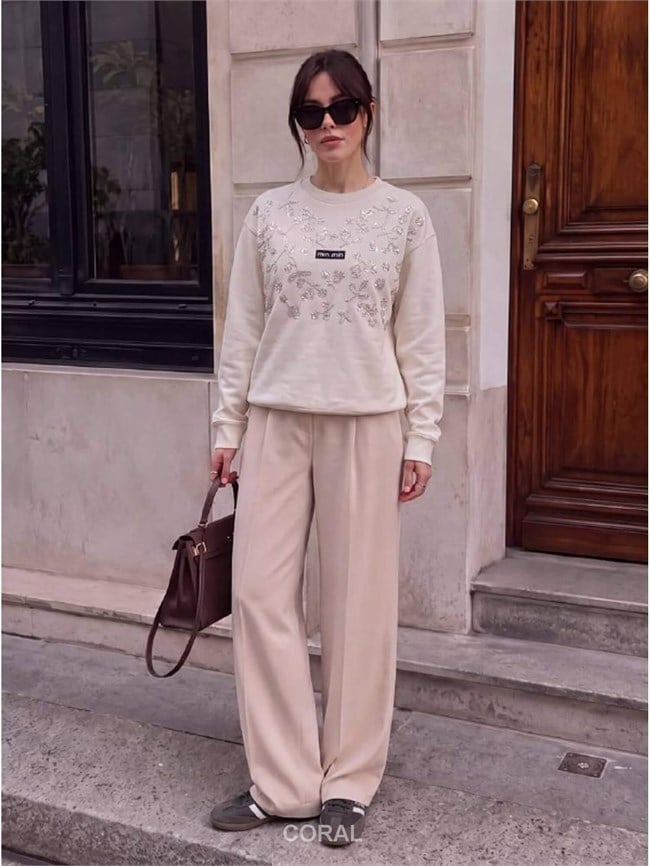 Taş İşlemeli SweatShirt 5911 Bej