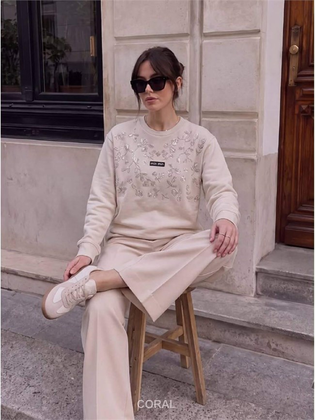 Taş İşlemeli SweatShirt 5911 Bej