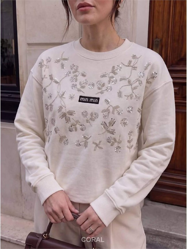 Taş İşlemeli SweatShirt 5911 Beyaz