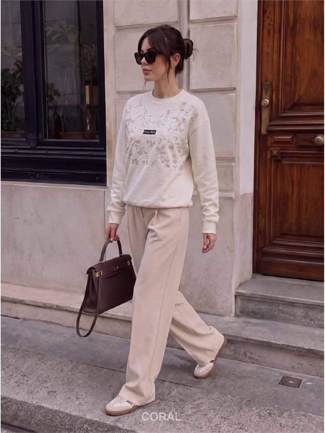 Taş İşlemeli SweatShirt 5911 Beyaz