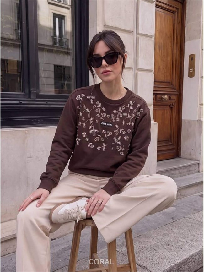 Taş İşlemeli SweatShirt 5911 Kahve