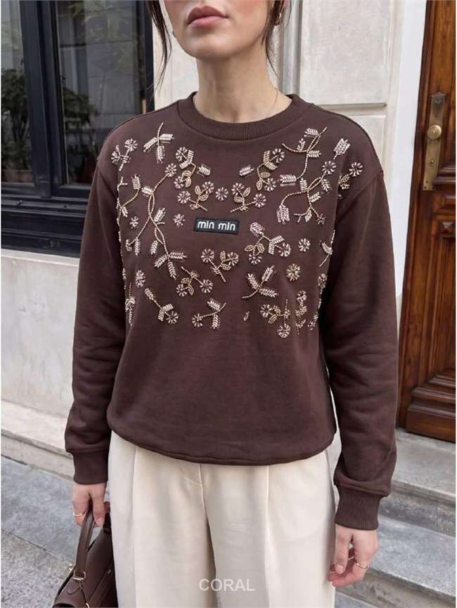 Taş İşlemeli SweatShirt 5911 Kahve