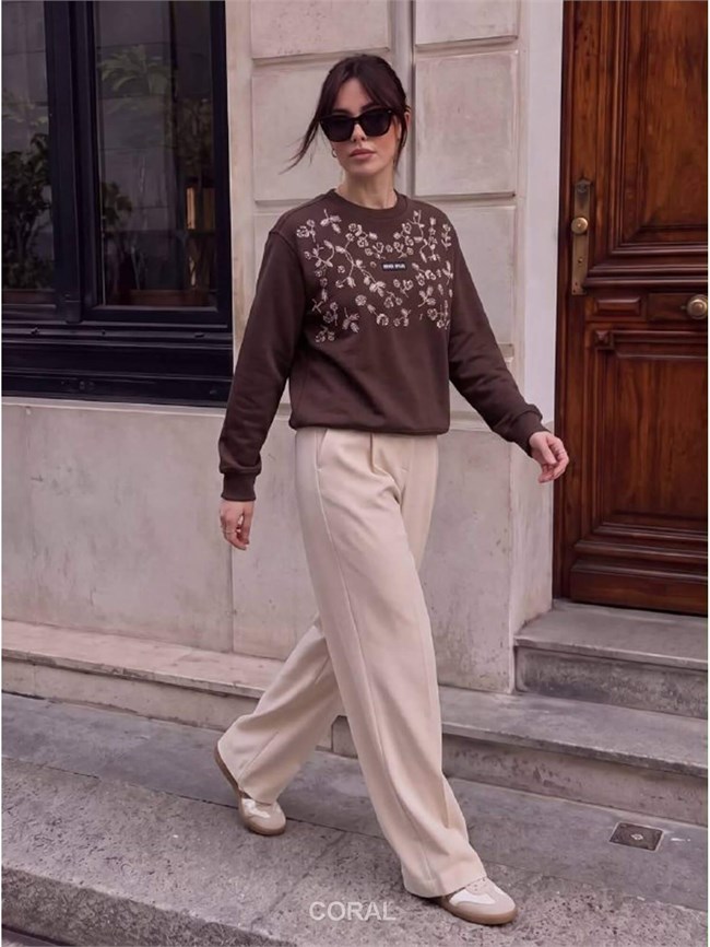 Taş İşlemeli SweatShirt 5911 Kahve