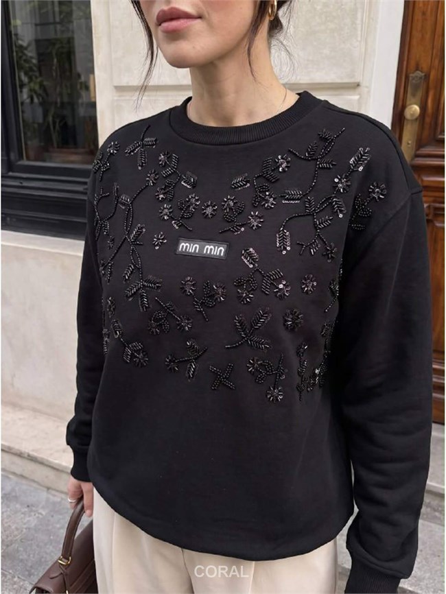 Taş İşlemeli SweatShirt 5911 Siyah