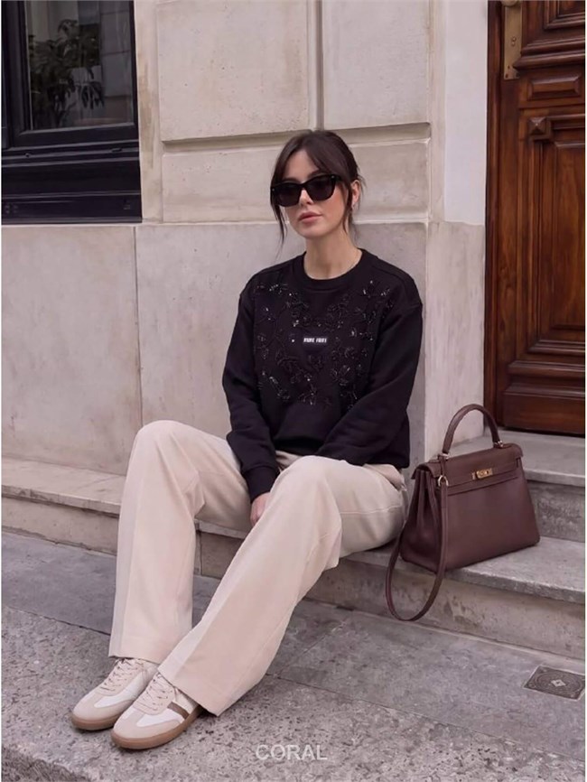 Taş İşlemeli SweatShirt 5911 Siyah