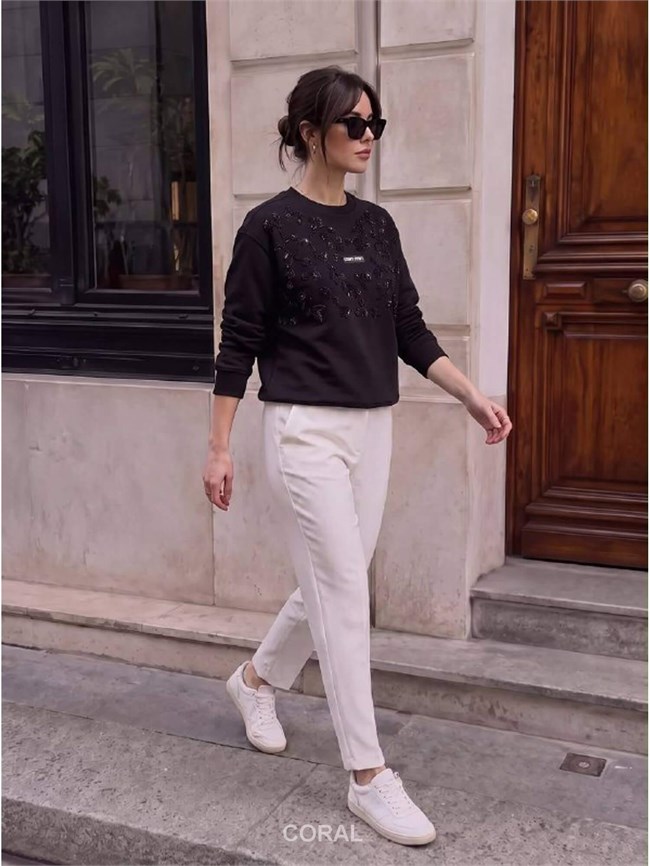 Taş İşlemeli SweatShirt 5911 Siyah