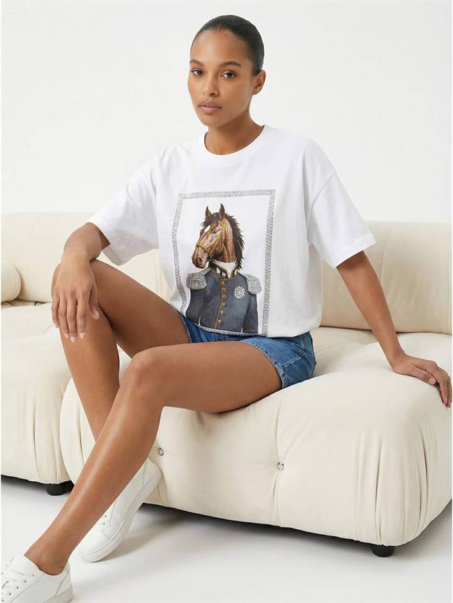 Taşlı At Baskılı Tişört 7555 Beyaz