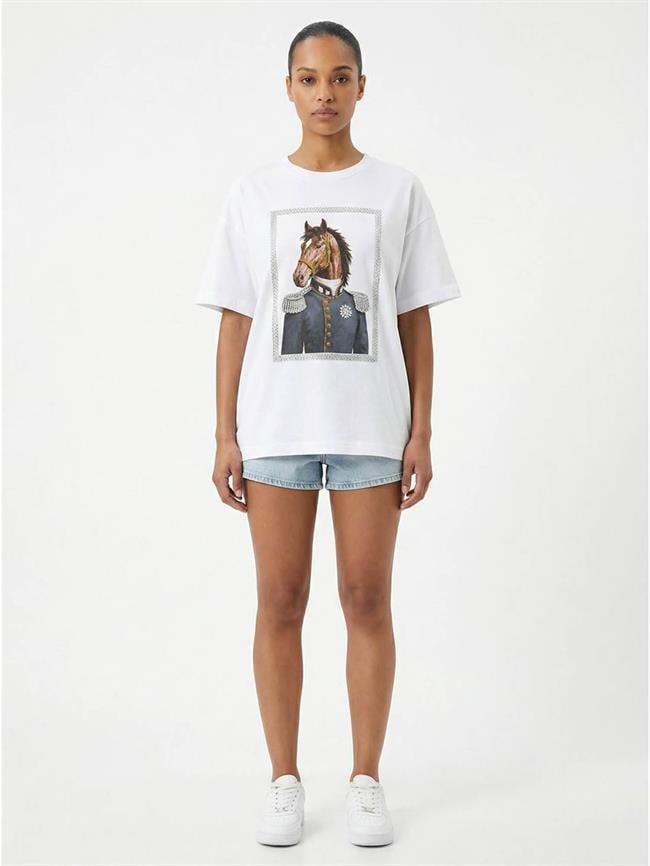 Taşlı At Baskılı Tişört 7555 Beyaz