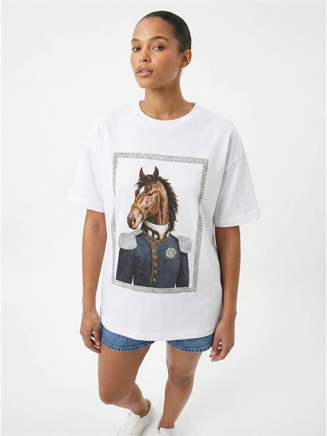 Taşlı At Baskılı Tişört 7555 Beyaz