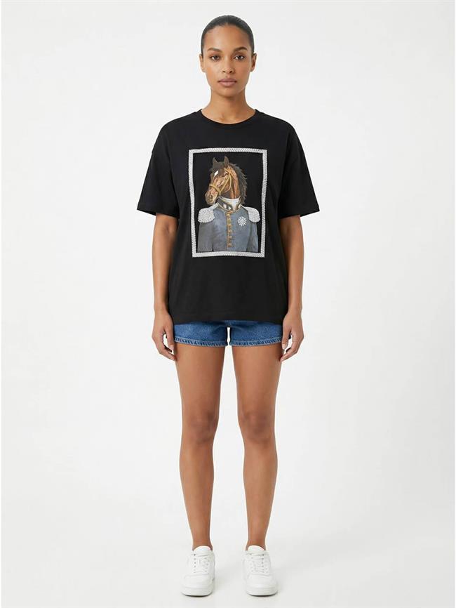 Taşlı At Baskılı Tişört 7555 Siyah