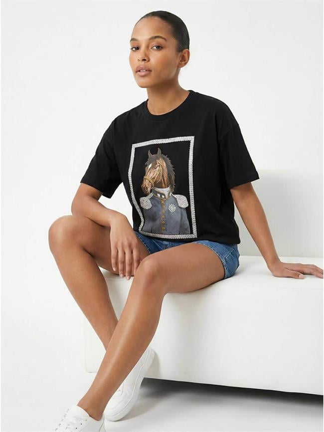 Taşlı At Baskılı Tişört 7555 Siyah