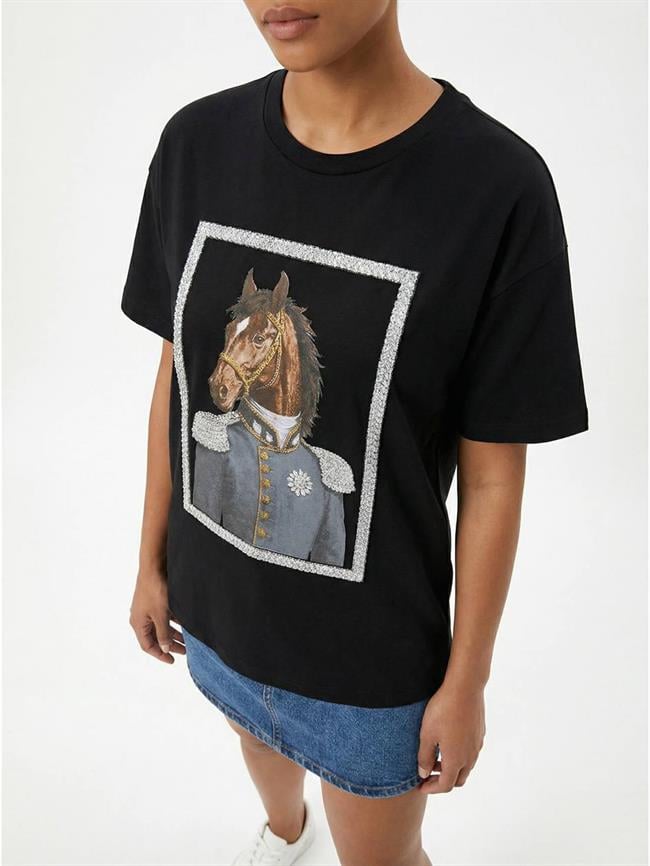 Taşlı At Baskılı Tişört 7555 Siyah