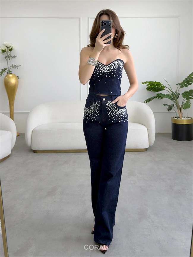 Taşlı Bluz Pantolon Takım 30104 Lacivert