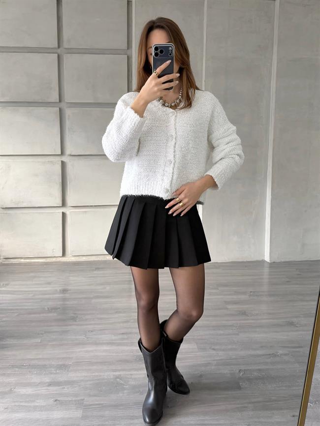 Taşlı Düğmeli Simli Hırka 3186 Beyaz