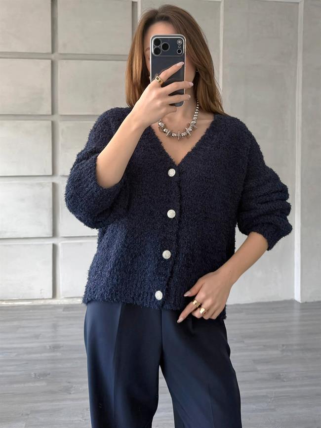 Taşlı Düğmeli Simli Hırka 3186 Lacivert