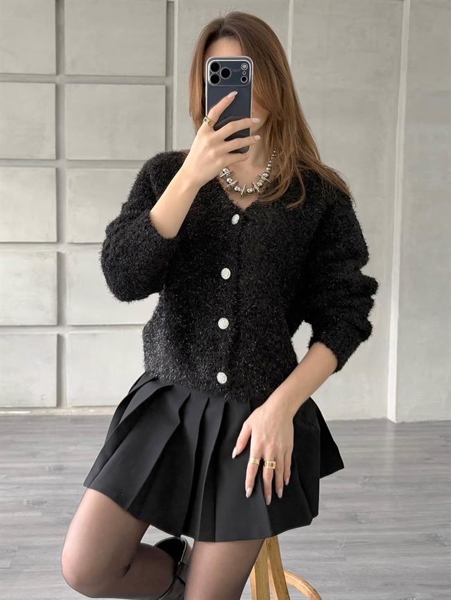 Taşlı Düğmeli Simli Hırka 3186 Siyah