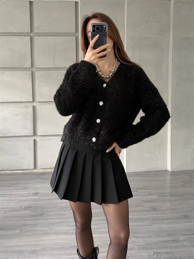 Taşlı Düğmeli Simli Hırka 3186 Siyah