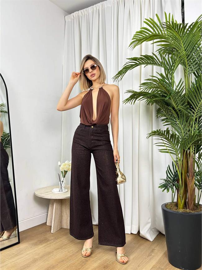 Taşlı Gabardin Pantolon 30037 Kahve
