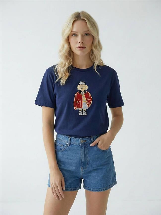 Taşlı Köpek Nakışlı Tişört 7423 Lacivert