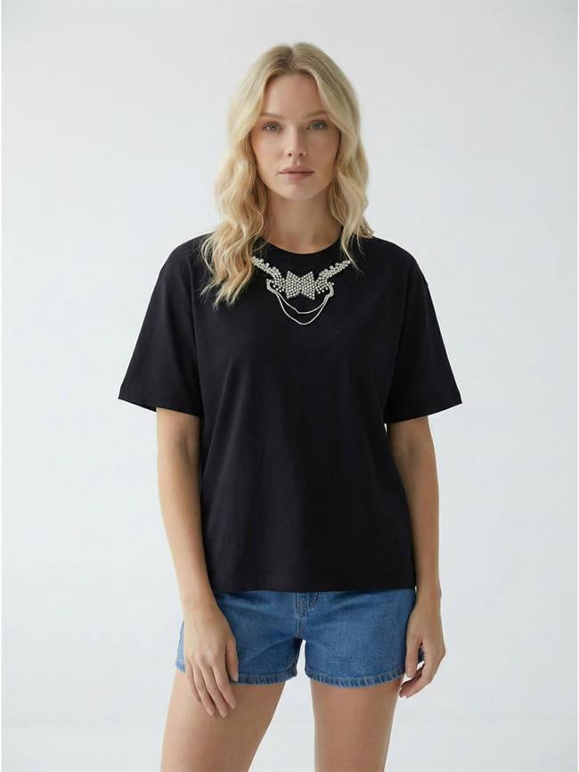 Taşlı Papyon Detaylı Tişört 7462 Siyah