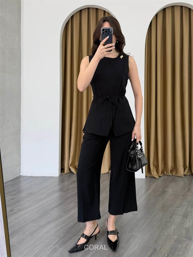 Tek Düğme Detaylı Dökümlü Pantolon 18246 Siyah