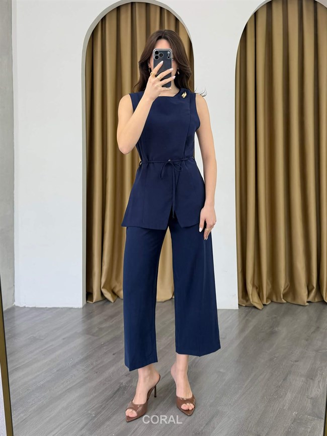 Tek Düğme Detaylı Dökümlü Pantolon 18246 Lacivert