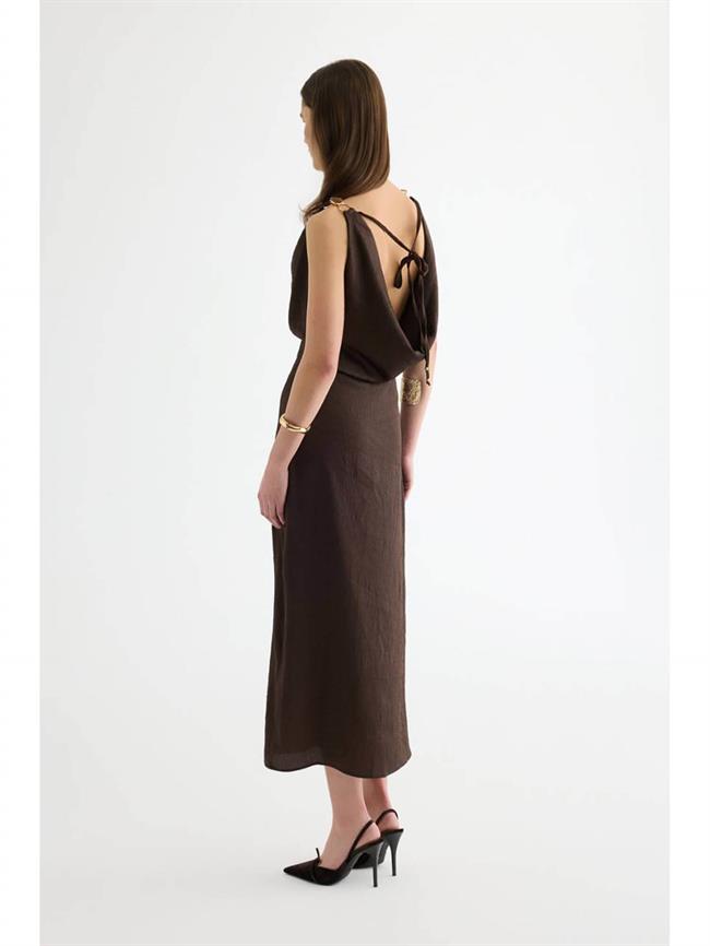 Tek Omzu Aksesuarlı Elbise Elb01457 Kahve