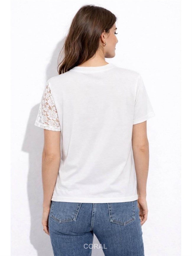 Tek Omzu Tül Detaylı Tişört T157 Beyaz