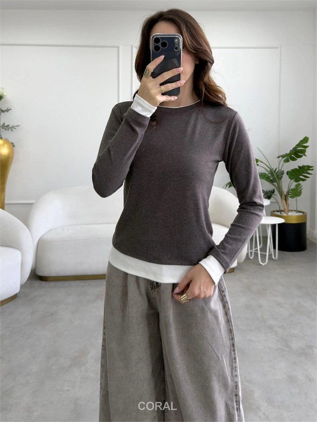 Tişört Garnili Sweatshirt 31310 Kahve / Ekru