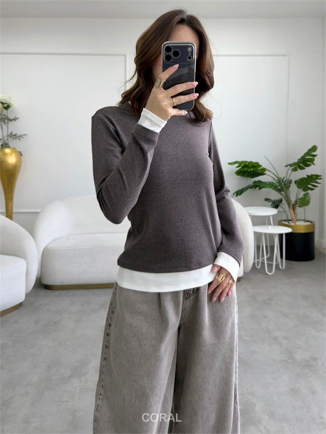 Tişört Garnili Sweatshirt 31310 Kahve / Ekru