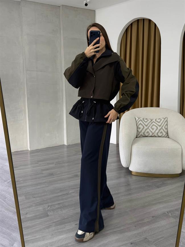 Tranç Detaylı Takım 37063 Lacivert - Kahve