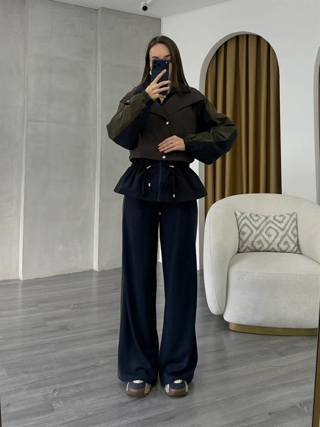 Tranç Detaylı Takım 37063 Lacivert - Kahve