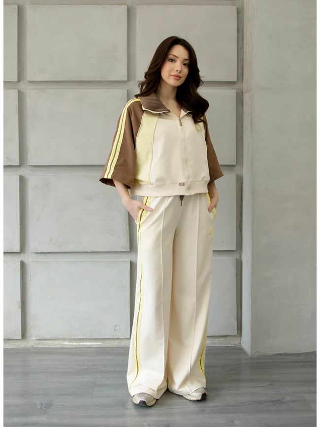 Triko Boğazlı Ribana Şeritli Takım 4705 Ekru / Kahve